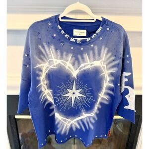 First Row Mens Cropped Terry 3/4 Sleeve Shirt Blue Heart Graphic XL NWT